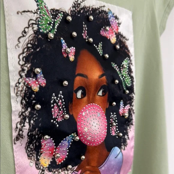 Girl’s Green Dress with Girl, Gum & Butterflies Graphic Print Size 10 - Picture 3 of 4